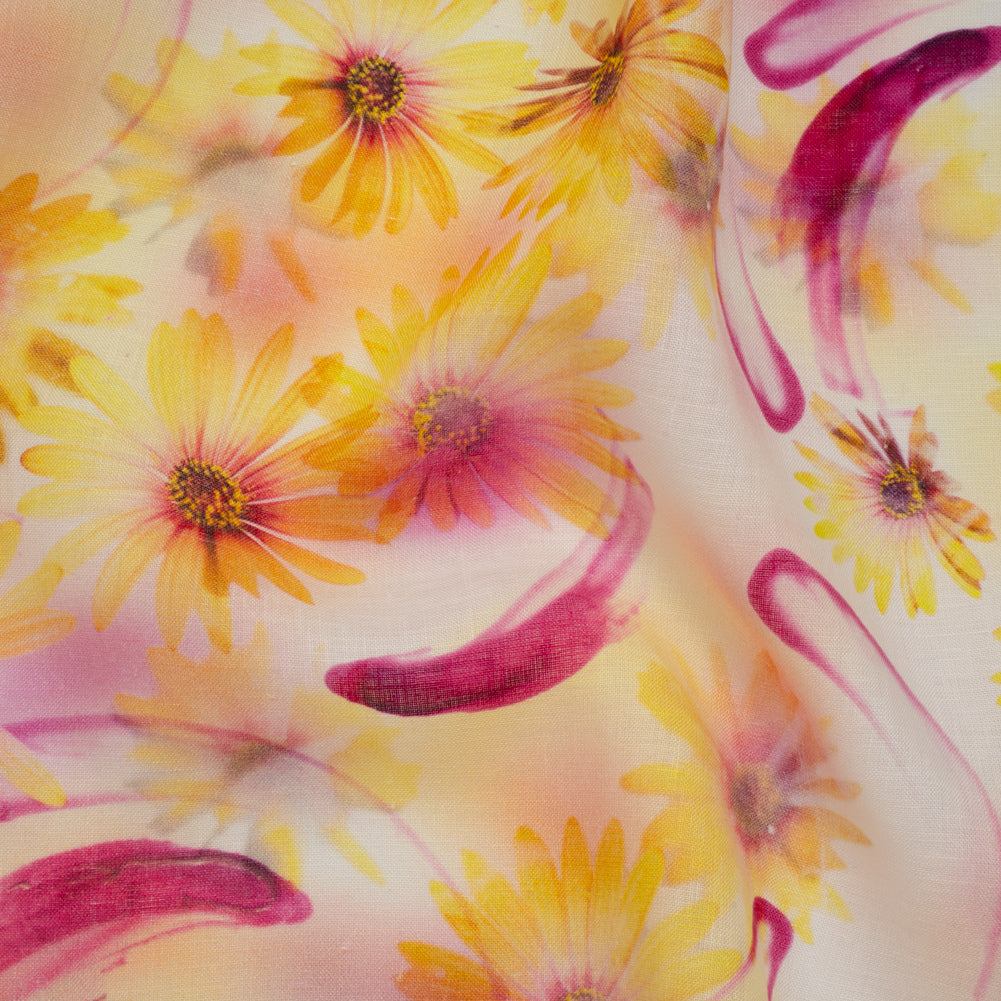 Medium Weight Linen Woven Print - Fuchsia Pink and Bright Yellow Sunflower Garden Medium Weight Linen Woven Print - Fuchsia Pink and Bright Yellow Sunflower Garden