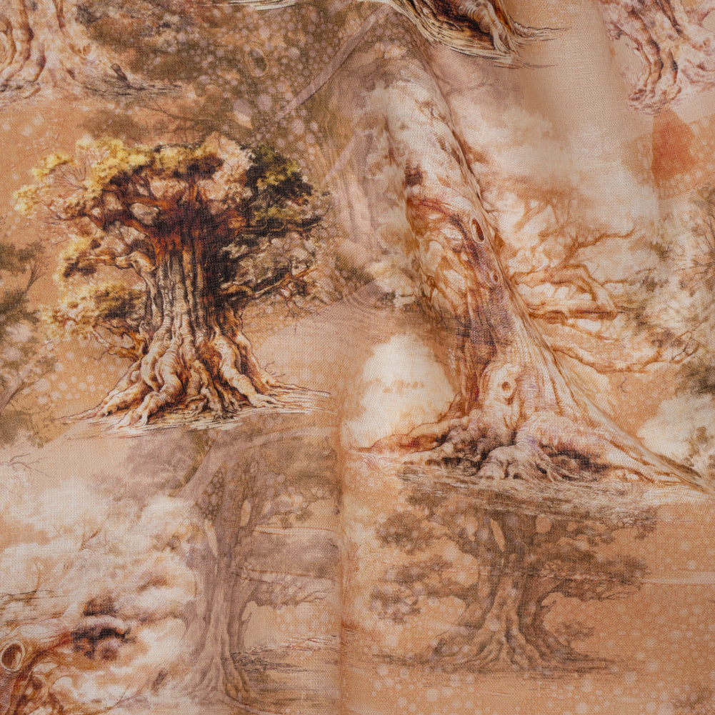 Medium Weight Linen Woven Print - Tan and Beige Giant Trees - Drape Medium Weight Linen Woven Print - Tan and Beige Giant Trees - Drape