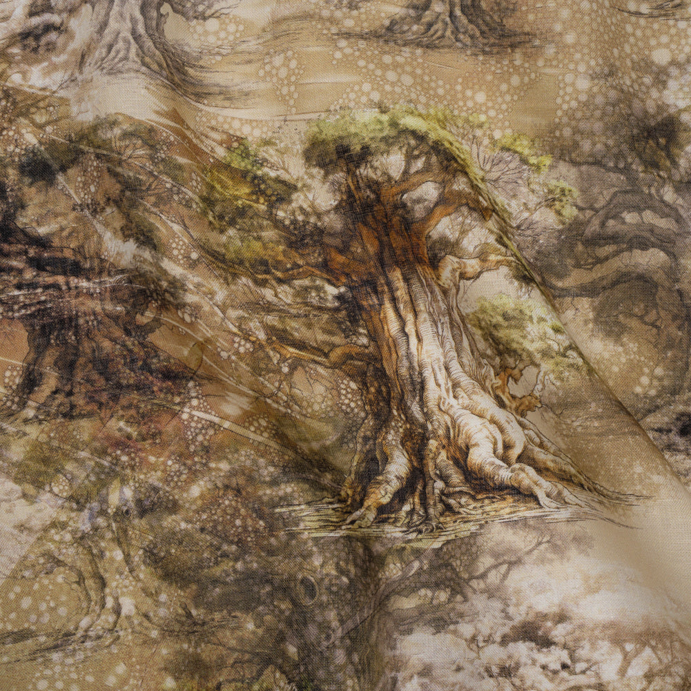 Medium Weight Linen Woven Print - Sand Beige and Green Giant Trees - Drape Medium Weight Linen Woven Print - Sand Beige and Green Giant Trees - Drape