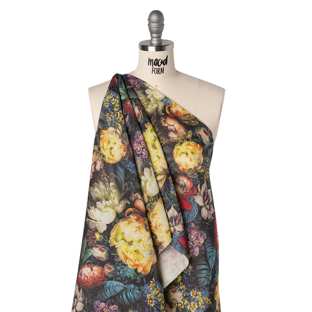 Medium Weight Linen Woven Print - Yellow, Red and Dark Green Mythical Garden Folded Medium Weight Linen Woven Print - Yellow, Red and Dark Green Mythical Garden Folded