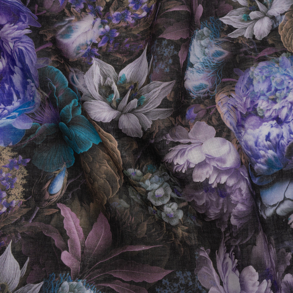 Medium Weight Linen Woven Print - Lilac, Dark Teal and Taupe Mythical Garden - Drape Medium Weight Linen Woven Print - Lilac, Dark Teal and Taupe Mythical Garden - Drape