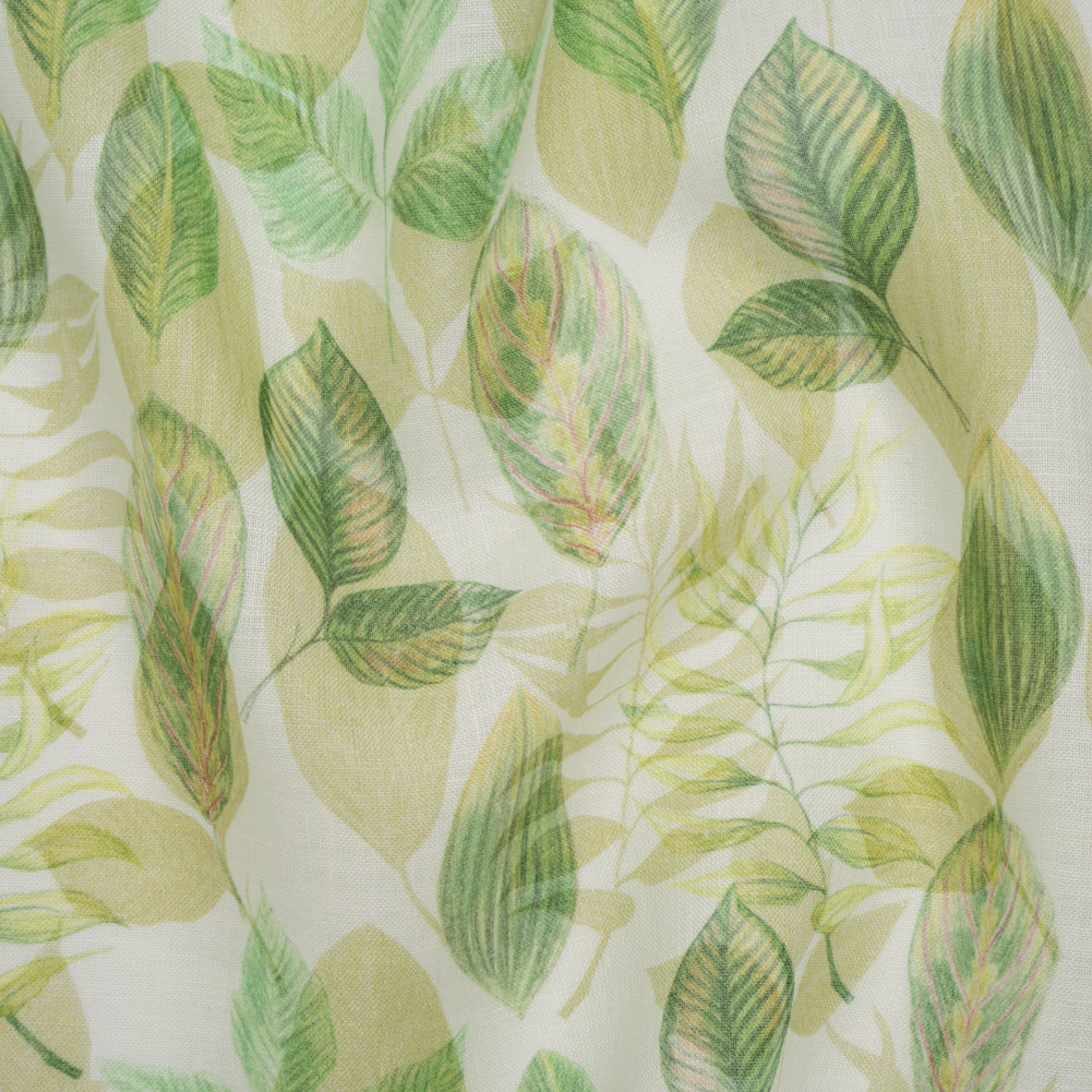 Medium Weight Linen Woven Print - Green on White Laying Leaves Drape Medium Weight Linen Woven Print - Green on White Laying Leaves Drape