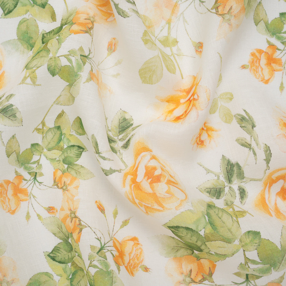Medium Weight Linen Woven Print - Orange and Green on White Little Roses Medium Weight Linen Woven Print - Orange and Green on White Little Roses