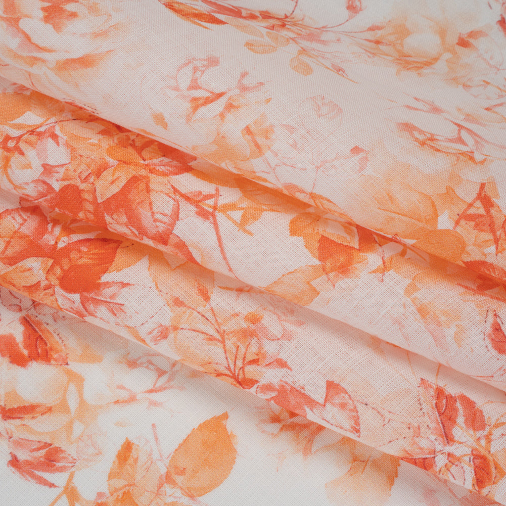 Medium Weight Linen Woven Print - Orange and Red on White Airy Leaves Detail Medium Weight Linen Woven Print - Orange and Red on White Airy Leaves Detail