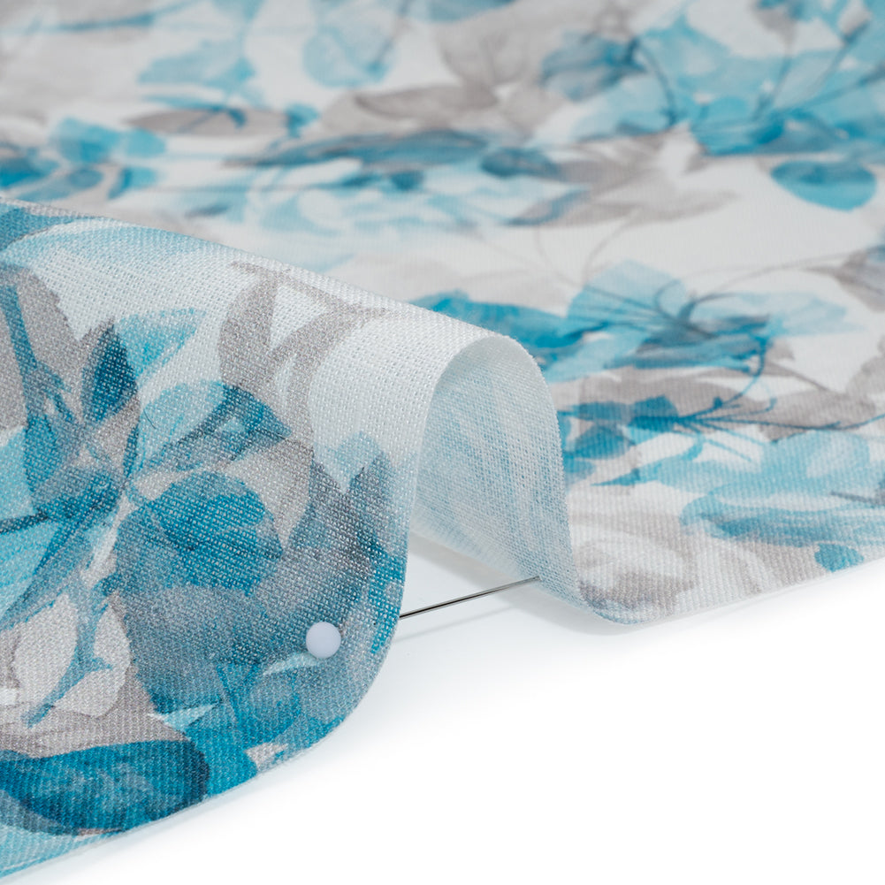 Medium Weight Linen Woven Print - Aqua and Gray on White Airy Leaves - Full Medium Weight Linen Woven Print - Aqua and Gray on White Airy Leaves - Full
