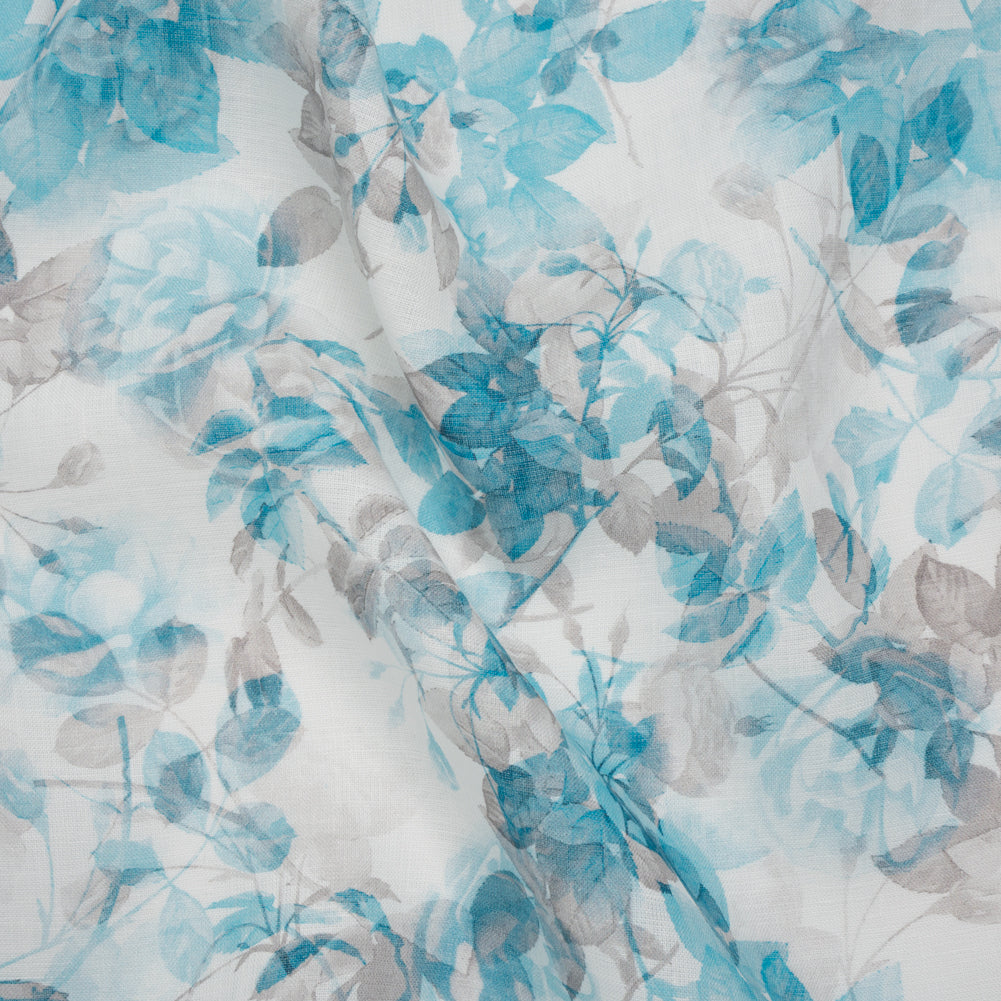 Medium Weight Linen Woven Print - Aqua and Gray on White Airy Leaves - Drape Medium Weight Linen Woven Print - Aqua and Gray on White Airy Leaves - Drape