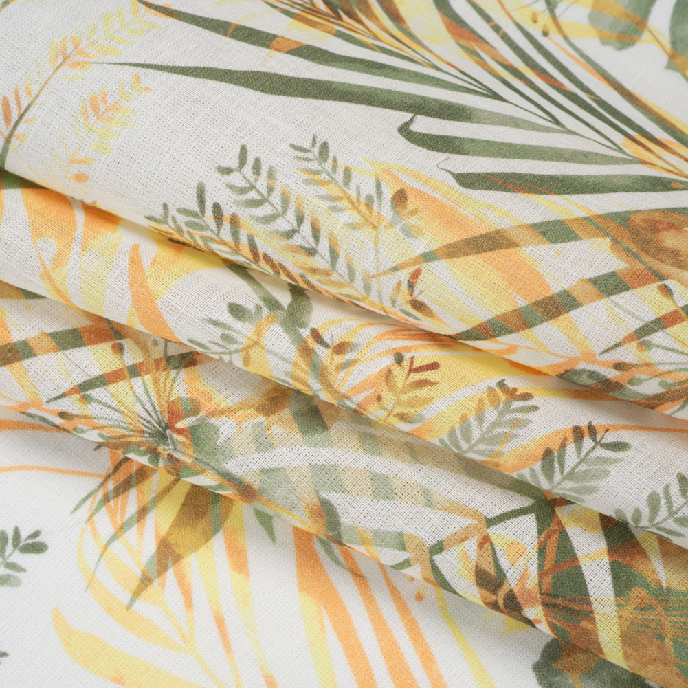 Medium Weight Linen Woven Print - Sage Green, Orange and White Elegant Palm Silhouettes Medium Weight Linen Woven Print - Sage Green, Orange and White Elegant Palm Silhouettes