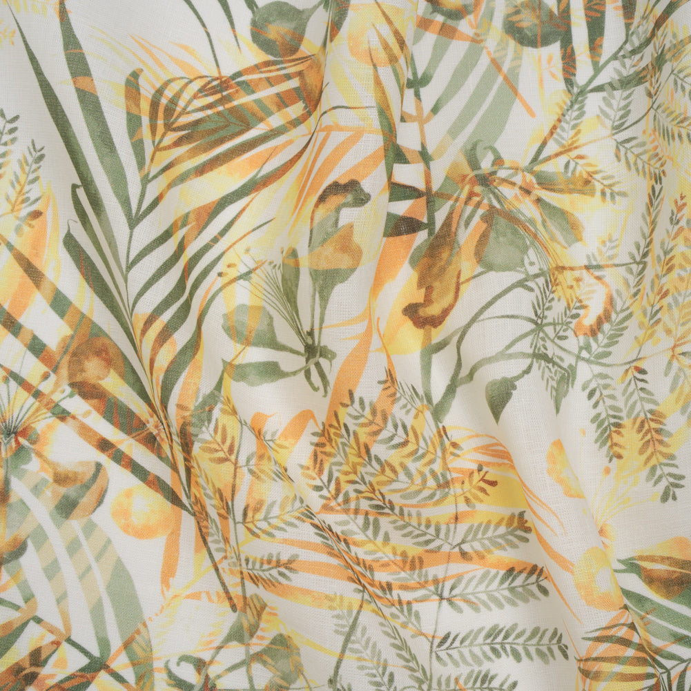 Medium Weight Linen Woven Print - Sage Green, Orange and White Elegant Palm Silhouettes Medium Weight Linen Woven Print - Sage Green, Orange and White Elegant Palm Silhouettes
