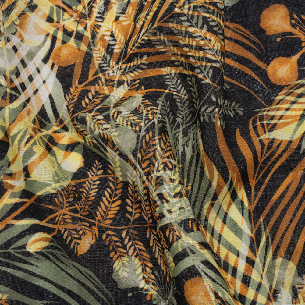 Medium Weight Linen Woven Print - Sage Green, Amber and Black Elegant Palm Silhouettes Drape Medium Weight Linen Woven Print - Sage Green, Amber and Black Elegant Palm Silhouettes Drape