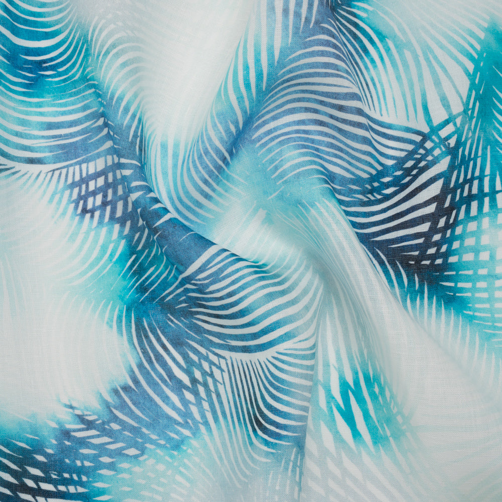 Medium Weight Linen Woven Print - Sahara Blue and White Palm Leaves Medium Weight Linen Woven Print - Sahara Blue and White Palm Leaves