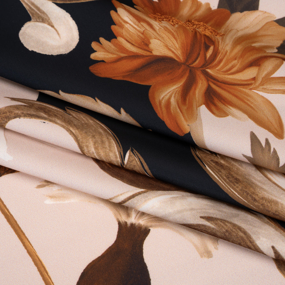 Polyester Satin - Black, Beige and Brown Flower Vine Stripes - Mood Exclusive Fleur de Rocaille Print Polyester Satin - Black, Beige and Brown Flower Vine Stripes - Mood Exclusive Fleur de Rocaille Print