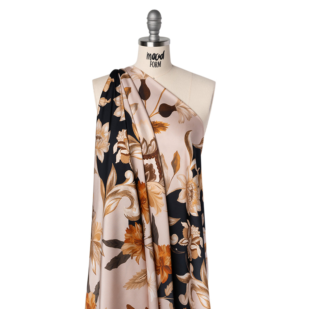 Polyester Satin - Black, Beige and Brown Flower Vine Stripes - Mood Exclusive Fleur de Rocaille Print Polyester Satin - Black, Beige and Brown Flower Vine Stripes - Mood Exclusive Fleur de Rocaille Print