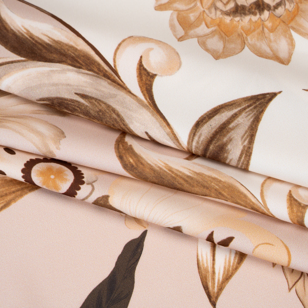 Polyester Satin - White, Beige and Brown Flower Vine Stripes - Mood Exclusive Fleur de Rocaille Print Folded Polyester Satin - White, Beige and Brown Flower Vine Stripes - Mood Exclusive Fleur de Rocaille Print Folded