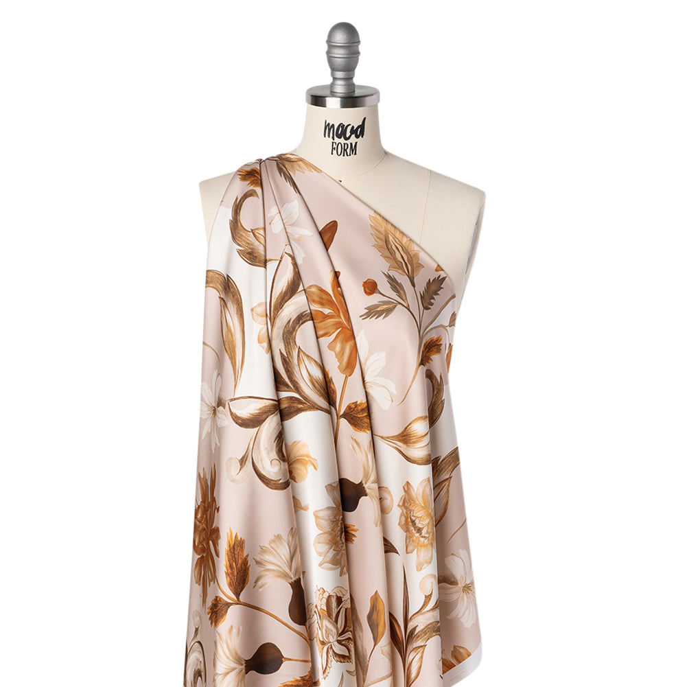 Polyester Satin - White, Beige and Brown Flower Vine Stripes - Mood Exclusive Fleur de Rocaille Print Drape Polyester Satin - White, Beige and Brown Flower Vine Stripes - Mood Exclusive Fleur de Rocaille Print Drape