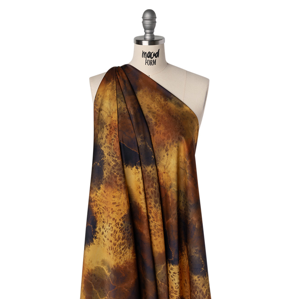 Polyester Satin - Yellow, Russet, and Black Spotted Abstract - Mood Exclusive Nebula Storm Print - Drape Polyester Satin - Yellow, Russet, and Black Spotted Abstract - Mood Exclusive Nebula Storm Print - Drape