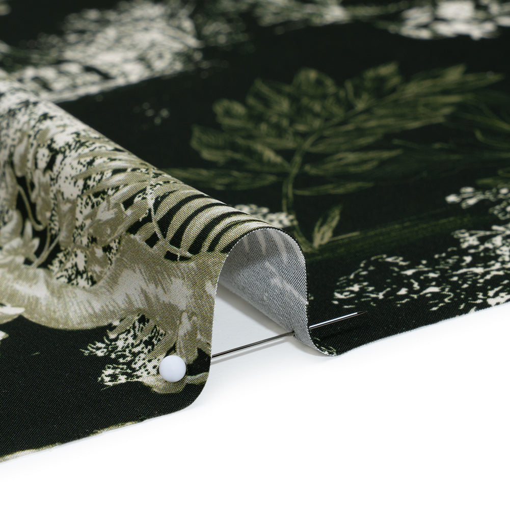 Polyester Satin - Dark Green and White Plants and Horses - Mood Exclusive Bridle and Branch Print Detail Polyester Satin - Dark Green and White Plants and Horses - Mood Exclusive Bridle and Branch Print Detail