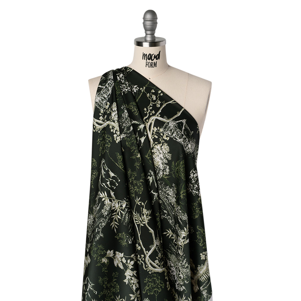 Polyester Satin - Dark Green and White Plants and Horses - Mood Exclusive Bridle and Branch Print Drape Polyester Satin - Dark Green and White Plants and Horses - Mood Exclusive Bridle and Branch Print Drape