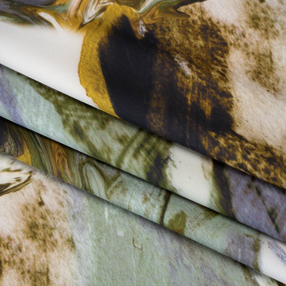Polyester Satin - Muted Blue, Green and Yellow Ochre Earthy Swirls - Mood Exclusive Molten Moves Print Folded Polyester Satin - Muted Blue, Green and Yellow Ochre Earthy Swirls - Mood Exclusive Molten Moves Print Folded