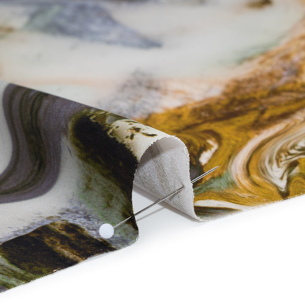 Polyester Satin - Muted Blue, Green and Yellow Ochre Earthy Swirls - Mood Exclusive Molten Moves Print Detail Polyester Satin - Muted Blue, Green and Yellow Ochre Earthy Swirls - Mood Exclusive Molten Moves Print Detail