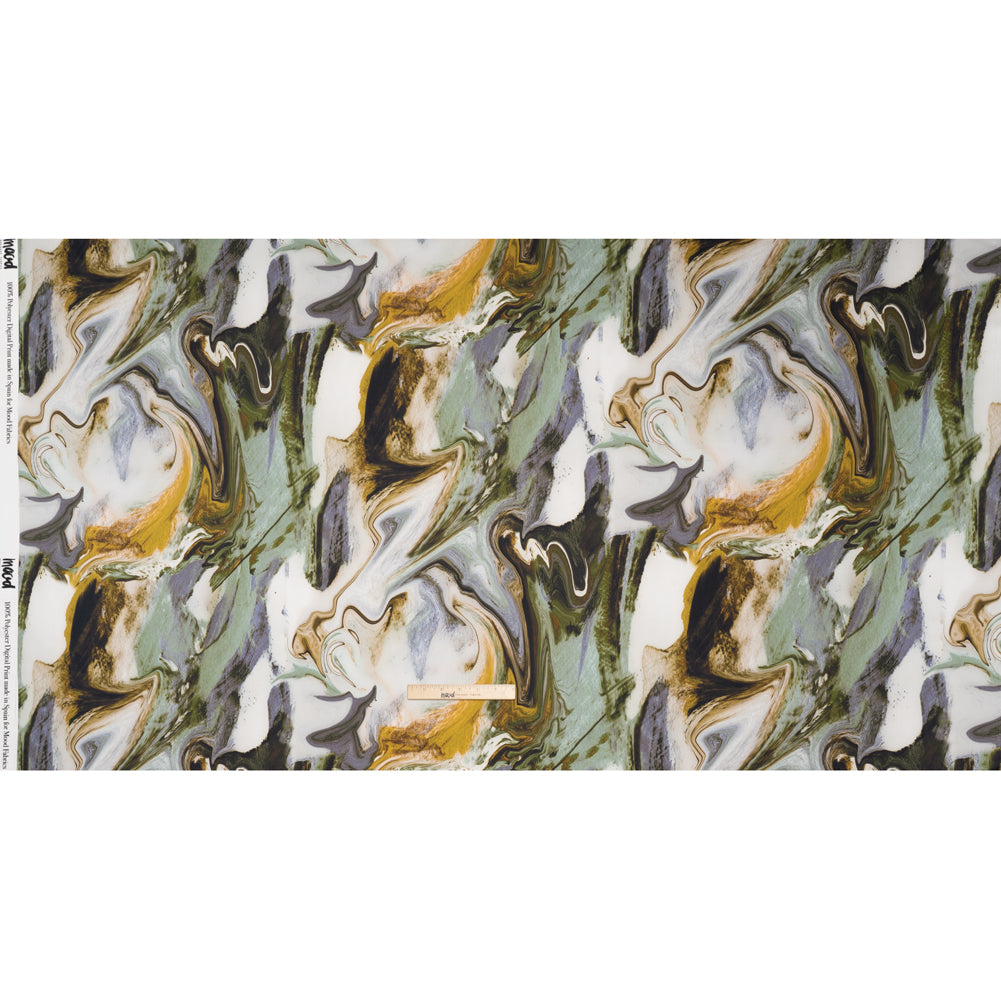 Polyester Satin - Muted Blue, Green and Yellow Ochre Earthy Swirls - Mood Exclusive Molten Moves Print Full Polyester Satin - Muted Blue, Green and Yellow Ochre Earthy Swirls - Mood Exclusive Molten Moves Print Full