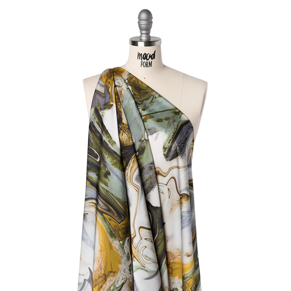 Polyester Satin - Muted Blue, Green and Yellow Ochre Earthy Swirls - Mood Exclusive Molten Moves Print Drape Polyester Satin - Muted Blue, Green and Yellow Ochre Earthy Swirls - Mood Exclusive Molten Moves Print Drape