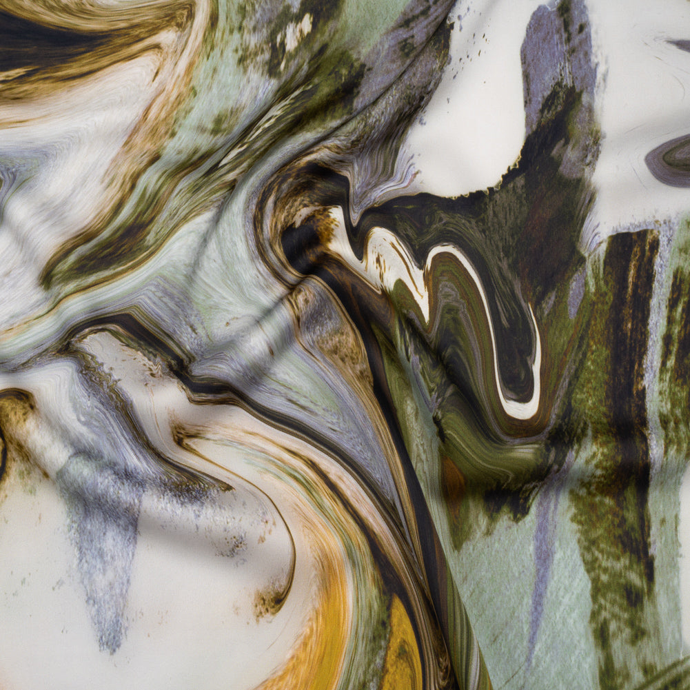 Polyester Satin - Muted Blue, Green and Yellow Ochre Earthy Swirls - Mood Exclusive Molten Moves Print Polyester Satin - Muted Blue, Green and Yellow Ochre Earthy Swirls - Mood Exclusive Molten Moves Print
