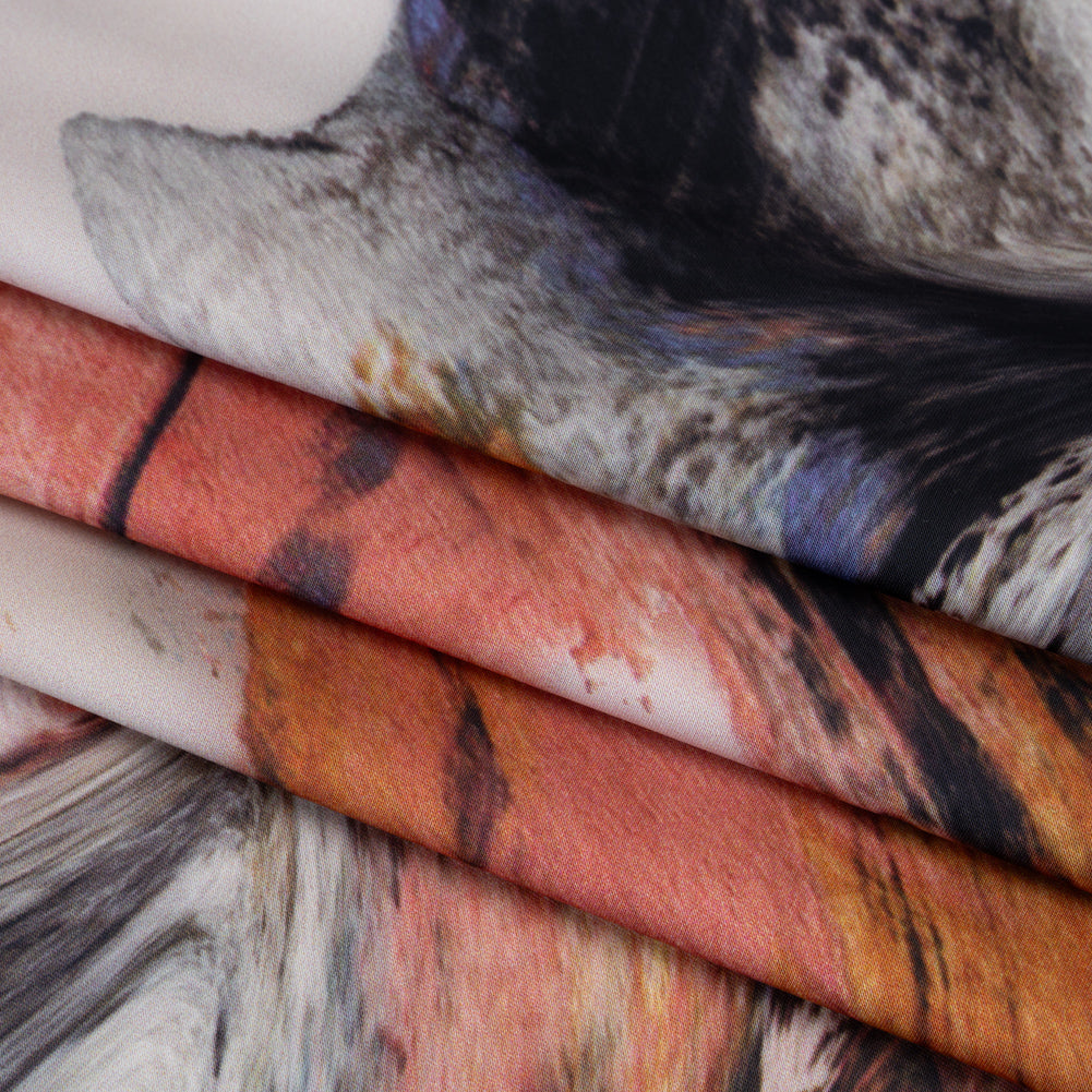Polyester Satin - Madder Red, Blue and Pale Gray Earthy Swirls - Mood Exclusive Molten Moves Print - Folded Polyester Satin - Madder Red, Blue and Pale Gray Earthy Swirls - Mood Exclusive Molten Moves Print - Folded