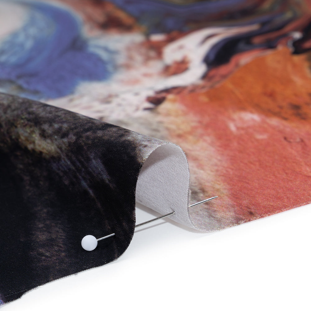 Polyester Satin - Madder Red, Blue and Pale Gray Earthy Swirls - Mood Exclusive Molten Moves Print - Detail Polyester Satin - Madder Red, Blue and Pale Gray Earthy Swirls - Mood Exclusive Molten Moves Print - Detail