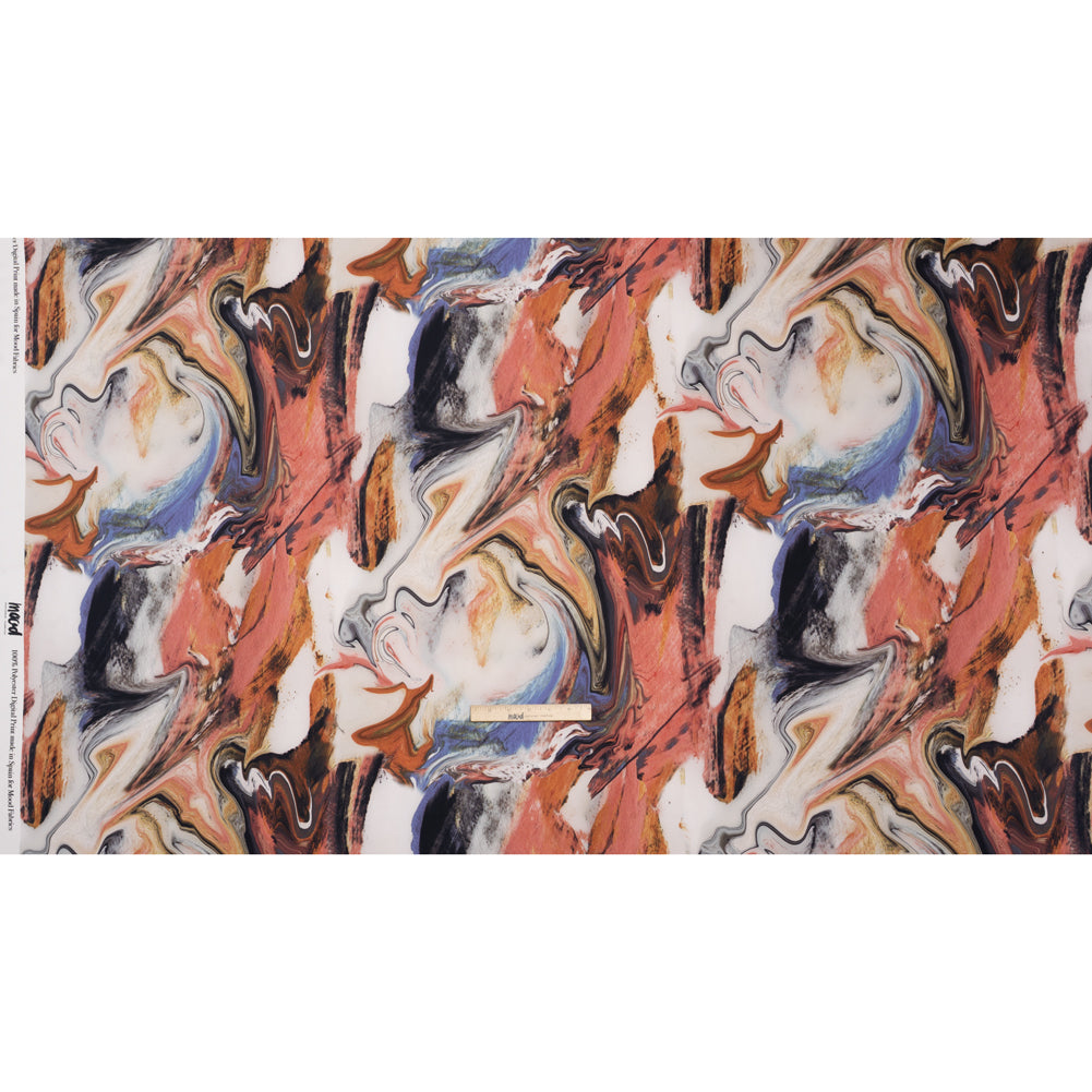 Polyester Satin - Madder Red, Blue and Pale Gray Earthy Swirls - Mood Exclusive Molten Moves Print - Full Polyester Satin - Madder Red, Blue and Pale Gray Earthy Swirls - Mood Exclusive Molten Moves Print - Full