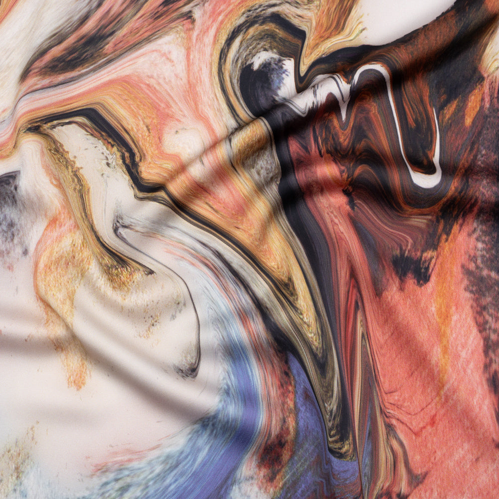 Polyester Satin - Madder Red, Blue and Pale Gray Earthy Swirls - Mood Exclusive Molten Moves Print Polyester Satin - Madder Red, Blue and Pale Gray Earthy Swirls - Mood Exclusive Molten Moves Print