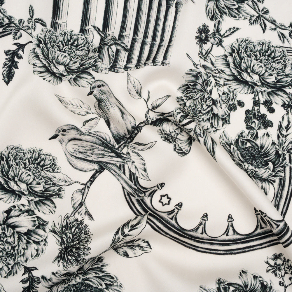 Polyester Satin - Black on White Flowers and Columns - Mood Exclusive Petal Pillars Print Polyester Satin - Black on White Flowers and Columns - Mood Exclusive Petal Pillars Print