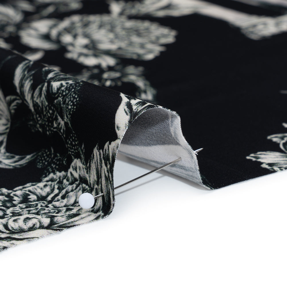 Polyester Satin - White on Black Flowers and Columns - Mood Exclusive Petal Pillars Print Polyester Satin - White on Black Flowers and Columns - Mood Exclusive Petal Pillars Print