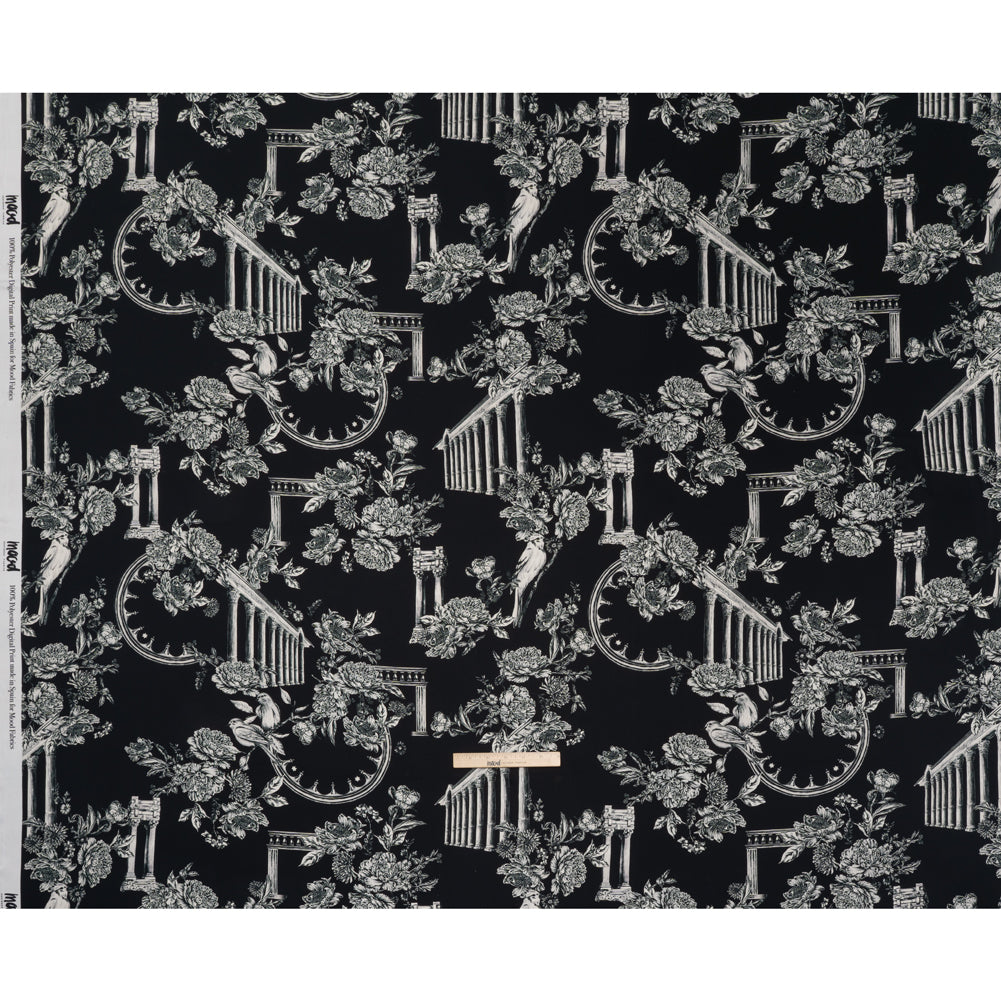 Polyester Satin - White on Black Flowers and Columns - Mood Exclusive Petal Pillars Print Polyester Satin - White on Black Flowers and Columns - Mood Exclusive Petal Pillars Print