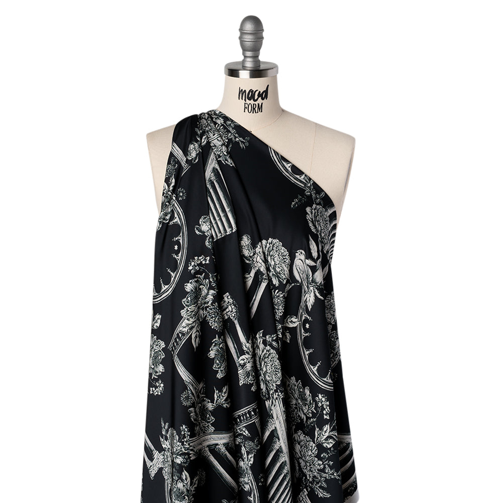 Polyester Satin - White on Black Flowers and Columns - Mood Exclusive Petal Pillars Print Polyester Satin - White on Black Flowers and Columns - Mood Exclusive Petal Pillars Print