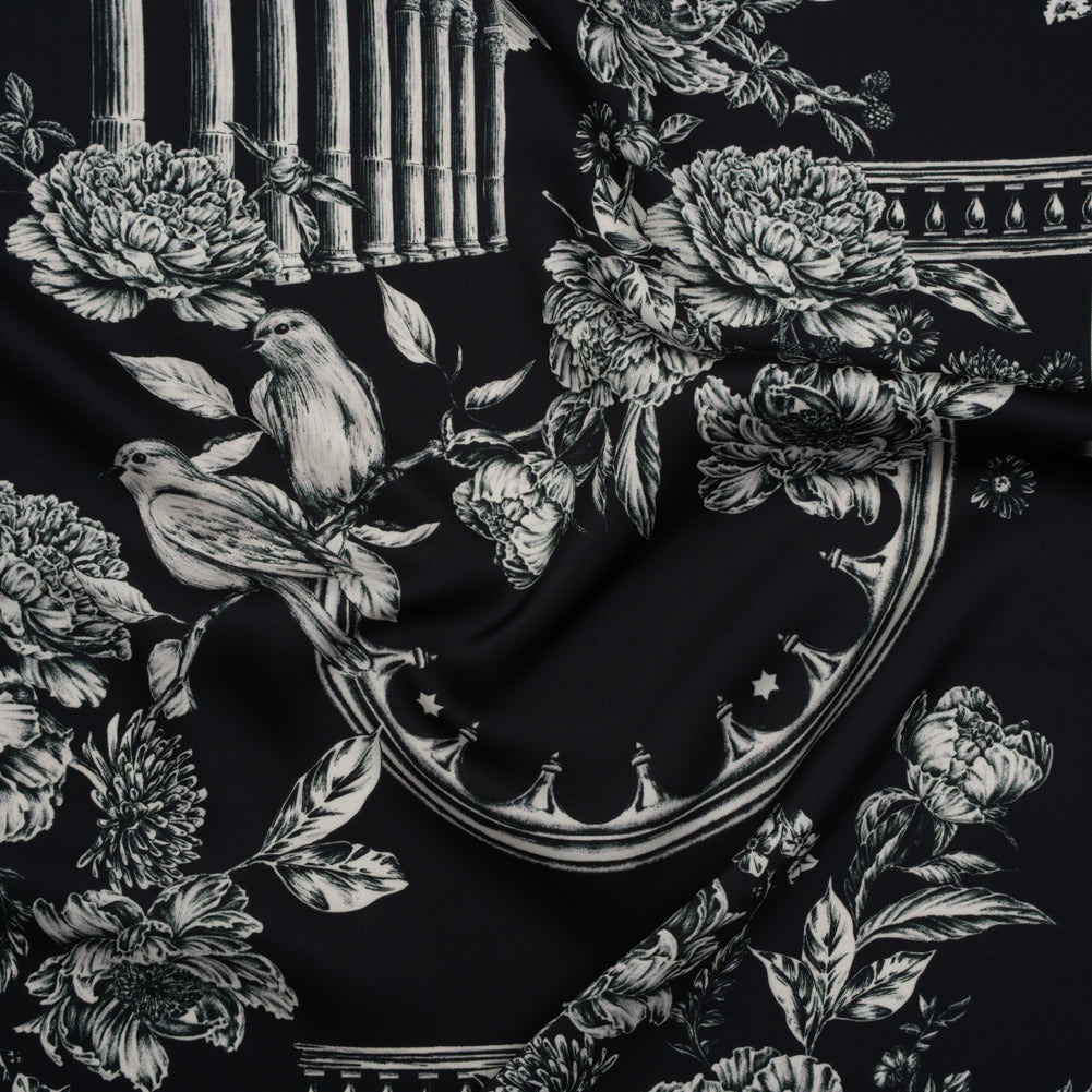 Polyester Satin - White on Black Flowers and Columns - Mood Exclusive Petal Pillars Print Polyester Satin - White on Black Flowers and Columns - Mood Exclusive Petal Pillars Print