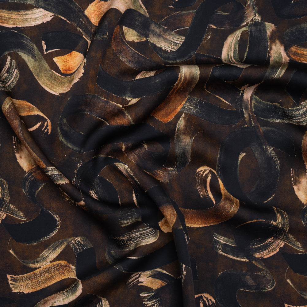 Polyester Satin - Brown, Black and Burnt Orange Painted Ribbons - Mood Exclusive Ruststroke Wrap Print Polyester Satin - Brown, Black and Burnt Orange Painted Ribbons - Mood Exclusive Ruststroke Wrap Print