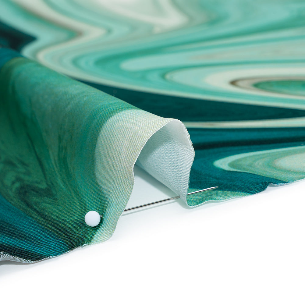 Polyester Satin - Sea Green and Beige Liquid Swirls - Mood Exclusive Liquid Motion Print Detail Polyester Satin - Sea Green and Beige Liquid Swirls - Mood Exclusive Liquid Motion Print Detail