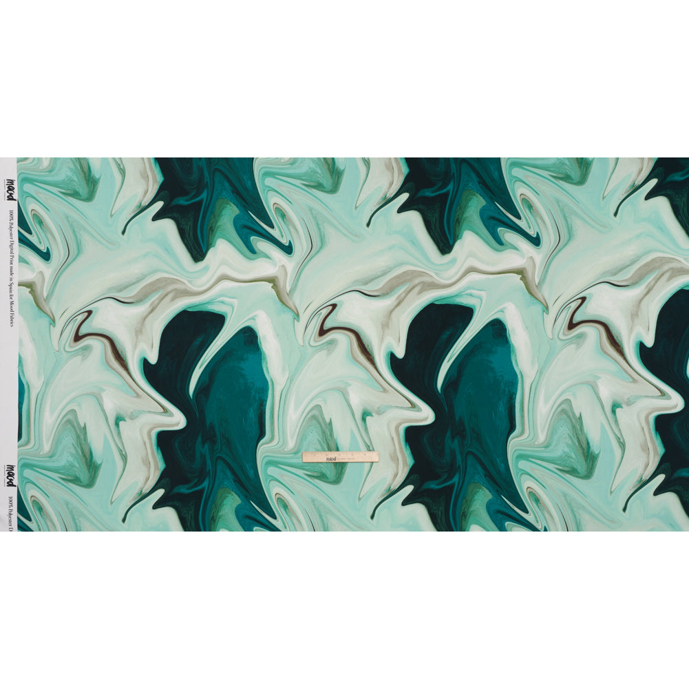 Polyester Satin - Sea Green and Beige Liquid Swirls - Mood Exclusive Liquid Motion Print Full Polyester Satin - Sea Green and Beige Liquid Swirls - Mood Exclusive Liquid Motion Print Full