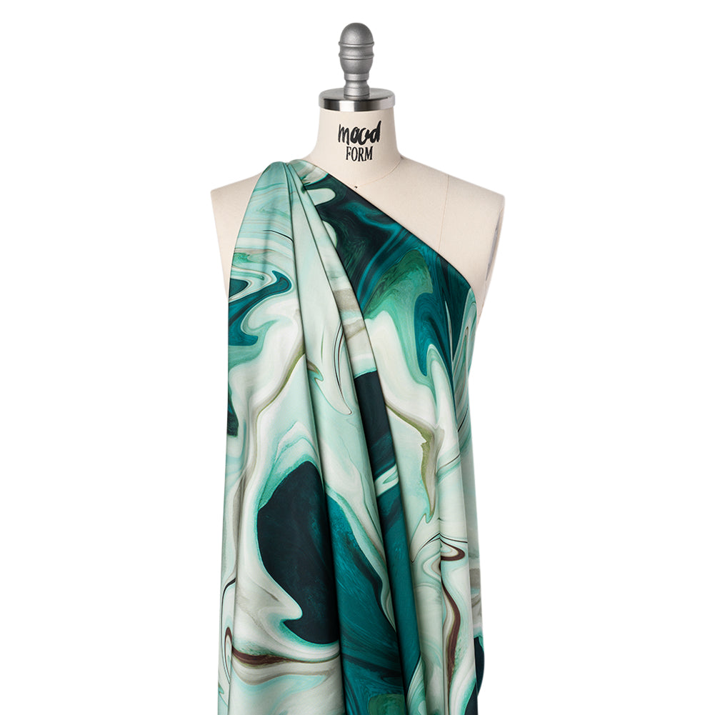 Polyester Satin - Sea Green and Beige Liquid Swirls - Mood Exclusive Liquid Motion Print Drape Polyester Satin - Sea Green and Beige Liquid Swirls - Mood Exclusive Liquid Motion Print Drape