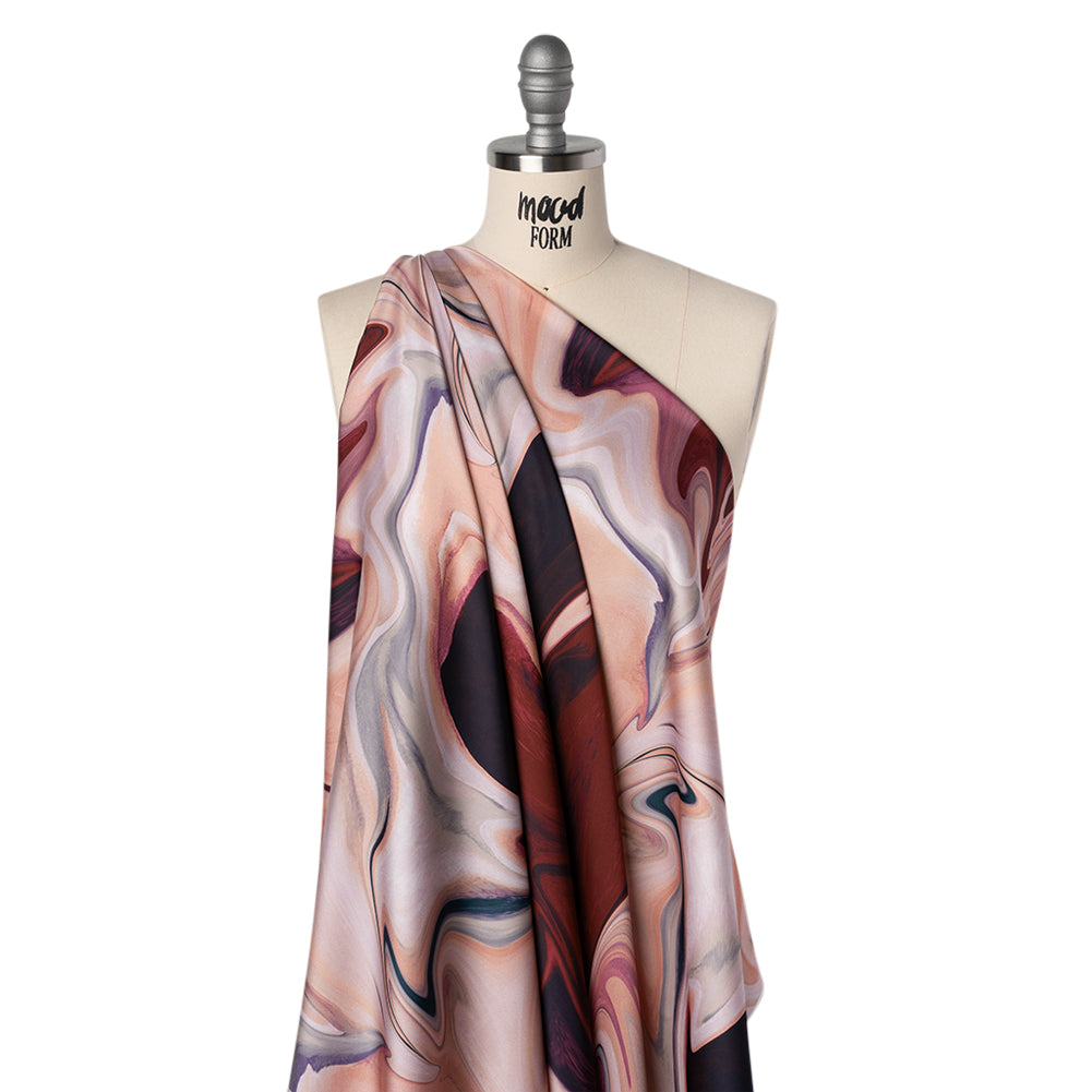Polyester Satin - Rose Pink, Purple and Steel Blue Liquid Swirls - Mood Exclusive Liquid Motion Print - Drape Polyester Satin - Rose Pink, Purple and Steel Blue Liquid Swirls - Mood Exclusive Liquid Motion Print - Drape
