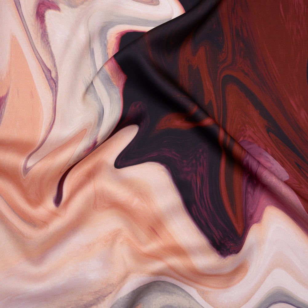 Polyester Satin - Rose Pink, Purple and Steel Blue Liquid Swirls - Mood Exclusive Liquid Motion Print Polyester Satin - Rose Pink, Purple and Steel Blue Liquid Swirls - Mood Exclusive Liquid Motion Print