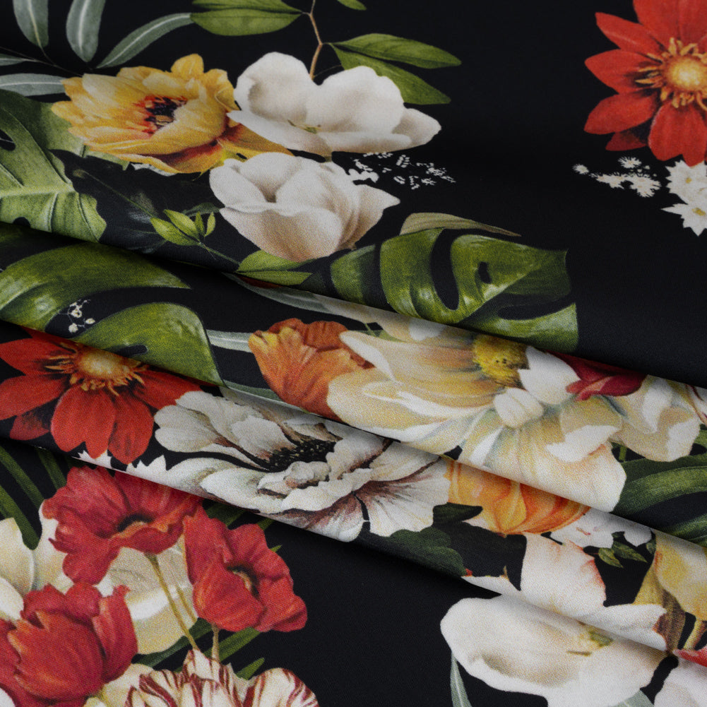 Polyester Satin - Red, Yellow and Black Floral - Mood Exclusive Midnight Bloom Print Polyester Satin - Red, Yellow and Black Floral - Mood Exclusive Midnight Bloom Print