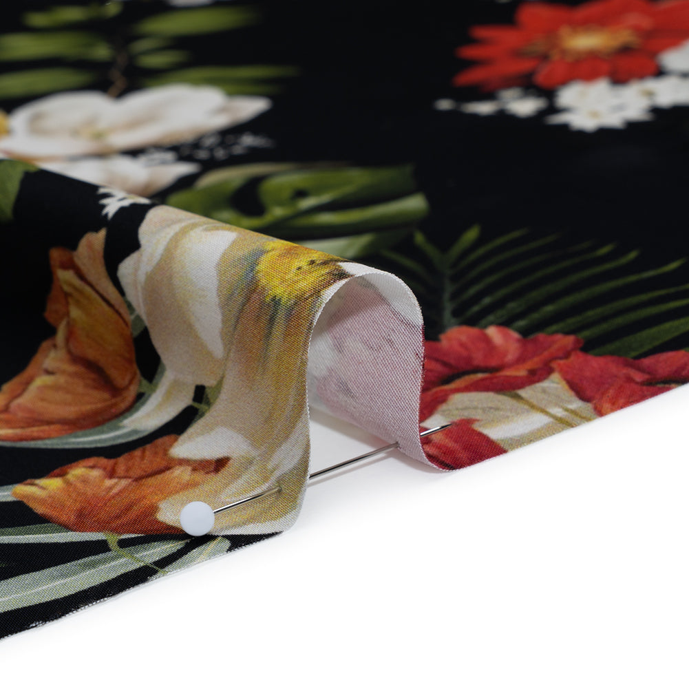 Polyester Satin - Red, Yellow and Black Floral - Mood Exclusive Midnight Bloom Print Polyester Satin - Red, Yellow and Black Floral - Mood Exclusive Midnight Bloom Print