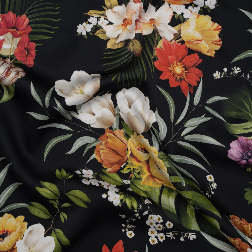 Polyester Satin - Red, Yellow and Black Floral - Mood Exclusive Midnight Bloom Print Polyester Satin - Red, Yellow and Black Floral - Mood Exclusive Midnight Bloom Print