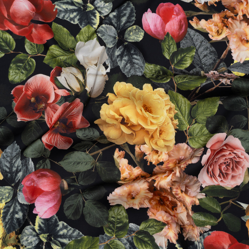 Polyester Satin - Red, Yellow and Green Photorealistic Florals - Mood Exclusive Petals After Dark Print Polyester Satin - Red, Yellow and Green Photorealistic Florals - Mood Exclusive Petals After Dark Print
