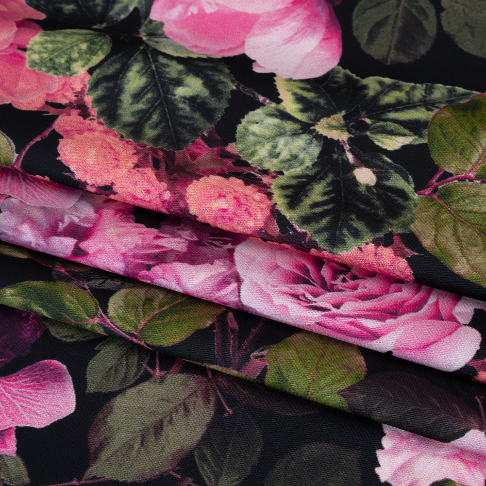 Polyester Satin - Pink, Green and Black Photorealistic Florals - Mood Exclusive Petals After Dark Print Folded Polyester Satin - Pink, Green and Black Photorealistic Florals - Mood Exclusive Petals After Dark Print Folded