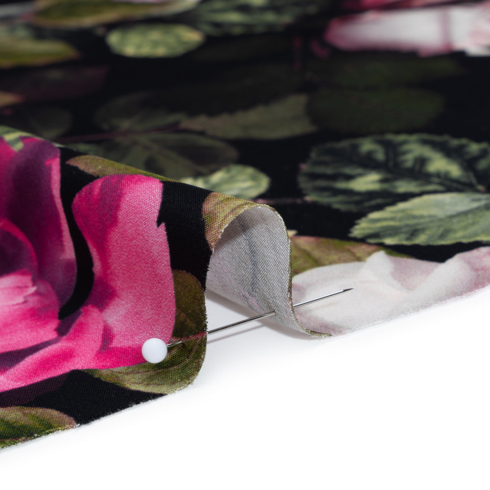 Polyester Satin - Pink, Green and Black Photorealistic Florals - Mood Exclusive Petals After Dark Print Detail Polyester Satin - Pink, Green and Black Photorealistic Florals - Mood Exclusive Petals After Dark Print Detail