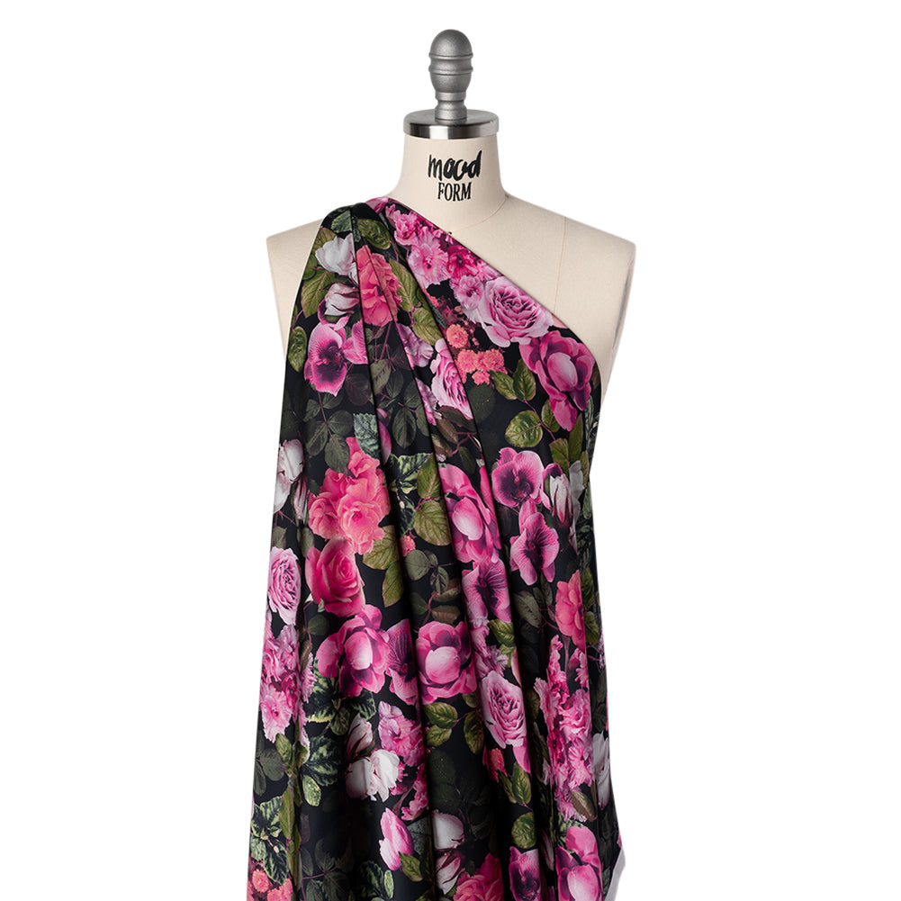 Polyester Satin - Pink, Green and Black Photorealistic Florals - Mood Exclusive Petals After Dark Print Drape Polyester Satin - Pink, Green and Black Photorealistic Florals - Mood Exclusive Petals After Dark Print Drape