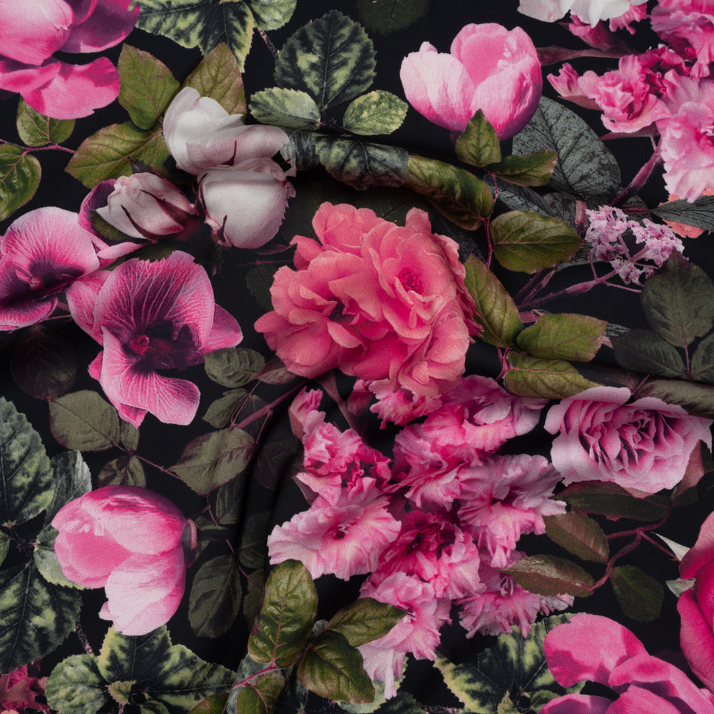 Polyester Satin - Pink, Green and Black Photorealistic Florals - Mood Exclusive Petals After Dark Print Polyester Satin - Pink, Green and Black Photorealistic Florals - Mood Exclusive Petals After Dark Print