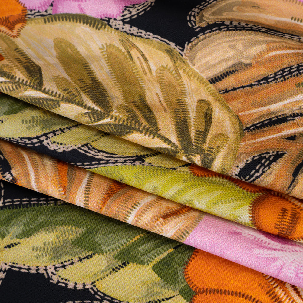 Polyester Satin - Beige, Green and Orange Tropical Leaves and Flowers with Stitching - Mood Exclusive Sunstitched Canopy Print - Folded Polyester Satin - Beige, Green and Orange Tropical Leaves and Flowers with Stitching - Mood Exclusive Sunstitched Canopy Print - Folded